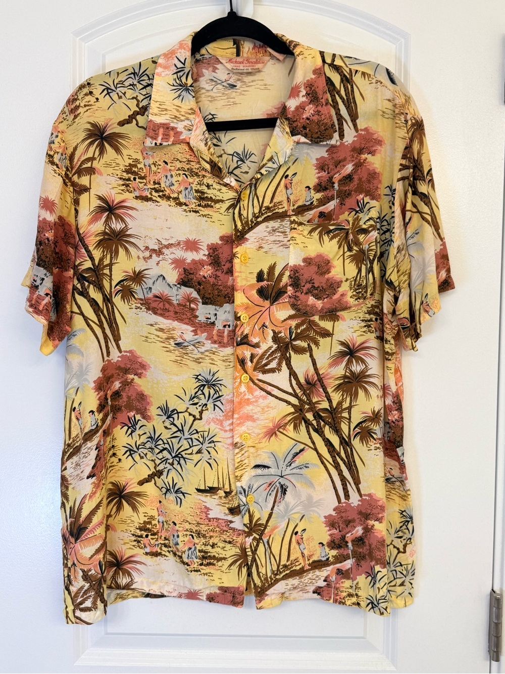 Vintage Michael Gerald Hawaiian Shirt Mens L Yellow Pink Tropical 1960s Vacation